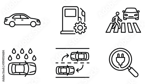 Automotive and transportation safety icons depicting driving road rules and vehicle maintenance with transportation, maintenance