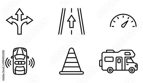 Road travel and traffic management icons set featuring car sensors and speedometer transportation navigation
