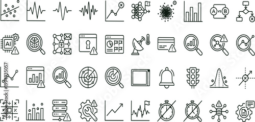 Data analytics monitoring outline icon set featuring risk detection statistics alerts visualization vector collection for dashboards interfaces presentations applications platforms