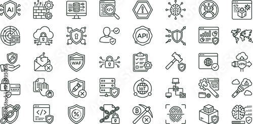 Cybersecurity protection outline icon set featuring firewall encryption API monitoring privacy defense vector collection for dashboards interfaces presentations applications platforms