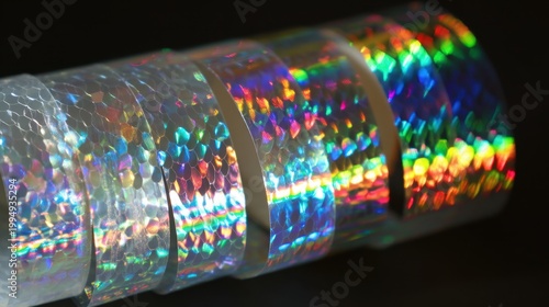 A close-up view of rolls of colorful holographic tape displaying shimmering patterns in various colors on a dark surface.
