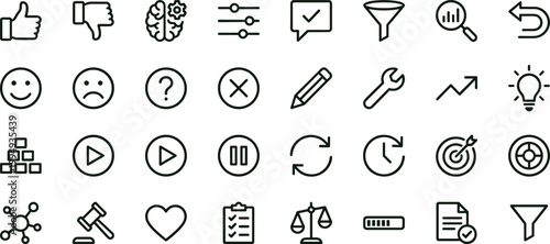 Feedback evaluation workflow outline icon set featuring approval rejection rating analytics checklist decision tools vector collection for dashboards interfaces presentations