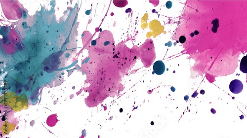 A vibrant abstract art piece featuring colorful ink splashes in shades of blue, pink, and yellow on a white background, creating a dynamic visual effect.
