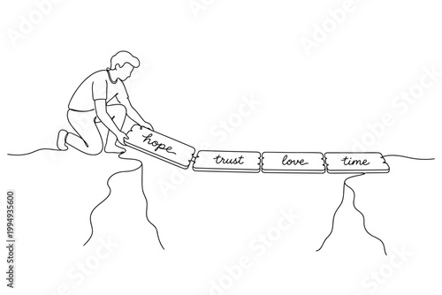 Single Continuous Line Drawing of Person Building Bridge Over Gap Minimalist Vector Art