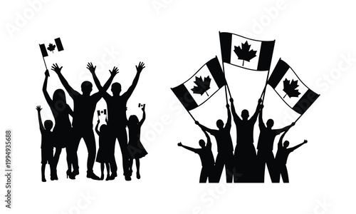People celebrating canada day with canadian flag vector illustration silhouette.
