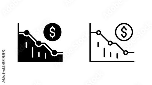 Falling line graph icon with dollar sign decrease statistics business analysis negative performance