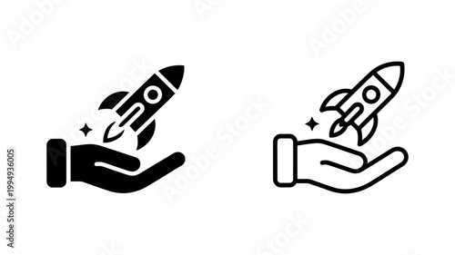 Hand holding rocket launching icon set with business progress innovation transport exploration technology