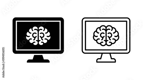 Brain icon on computer screen set with computer technology intelligence knowledge thinking learning