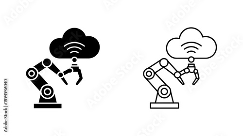 Robotic arm holding a cloud icon with wi fi symbol, signifying cloud computing and automation, computing