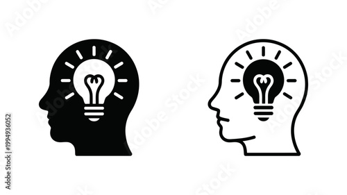 Human head silhouette with light bulb and sun rays symbolizing idea and innovation silhouette thinking