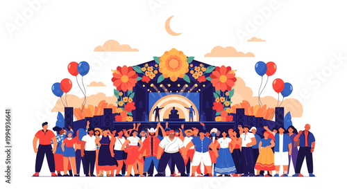 Vibrant festival crowd celebrating outdoors at night