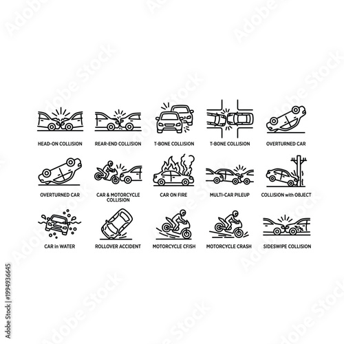 Collection of car and motorcycle accident icons depicting various crash scenarios in a line art styl