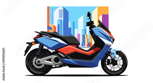 Electric scooter in front of cityscape illustration