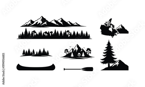 Set of canada nature landscape silhouette vector illustration line art elements.