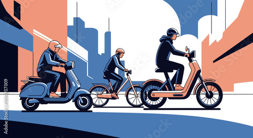 Electric scooters riders in urban cityscape illustration