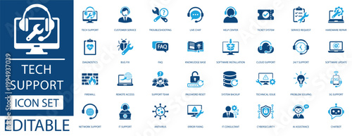 Tech support and IT services icon set featuring customer service, troubleshooting, cybersecurity, AI assistance, cloud support, and network maintenance symbols in a modern style.