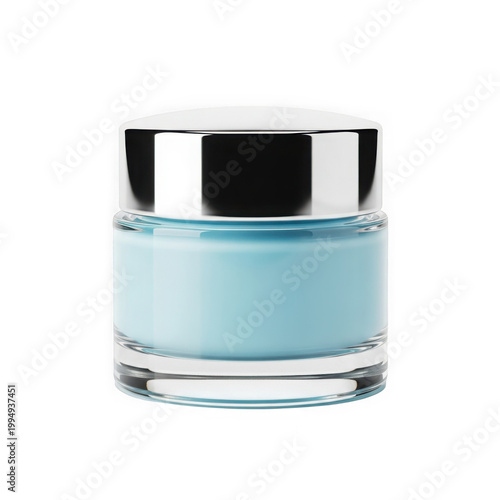 A jar of blue cream with a silver lid on a white background isolated on transparent background