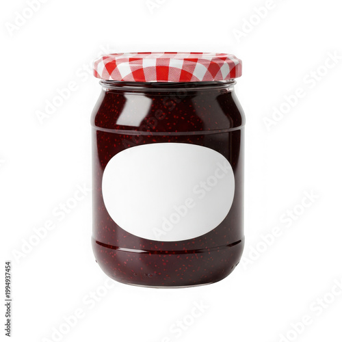 A jar of homemade strawberry jam with a red and white checkered lid isolated on transparent background