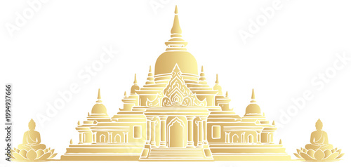 Golden vector silhouette illustration of a buddhist temple with buddha statues on both sides