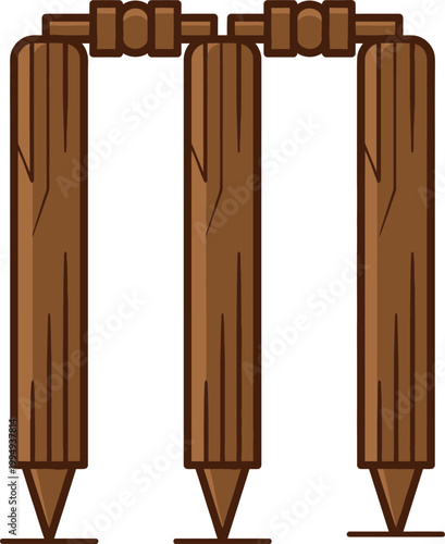 Flat vector illustration of a wooden cricket wicket with three vertical stumps and two horizontal bails. Detailed wood grain texture on brown athletic equipment for competitive cricket match design.