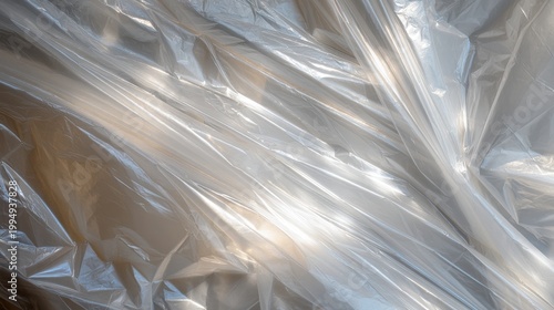A close-up view of crumpled shiny plastic material displaying an interesting play of light and shadows, creating an abstract visual effect.