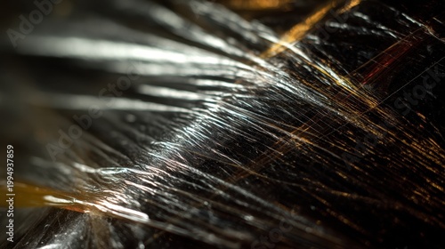 A close-up view of shiny plastic wrap displaying intricate patterns and reflections of light, creating an abstract visual effect.