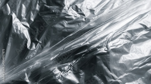 A close-up of shiny plastic material with a crinkled texture, reflecting light and creating abstract patterns. Perfect for creative backgrounds.