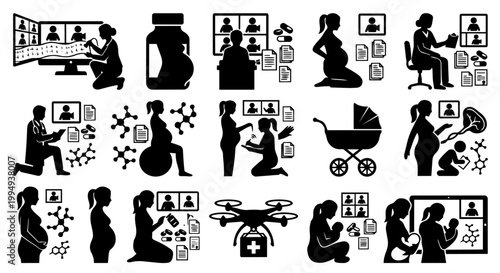 A comprehensive set of black and white silhouette icons depicting various aspects of pregnancy, maternity care, and the integration of modern technology in healthcare and family support.