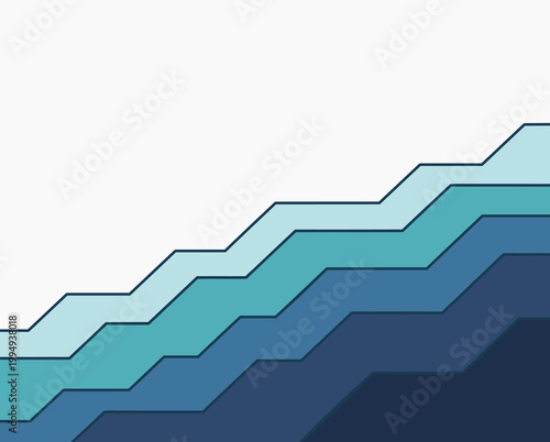 Layered step waves abstract background in blue green tones. Modern gradient style geometric landscape illustration. Receding stacked shapes form a calm rhythmic pattern with depth.