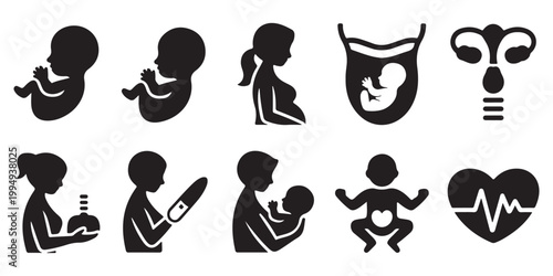 Icons Illustrating Pregnancy, Motherhood, and Baby Care