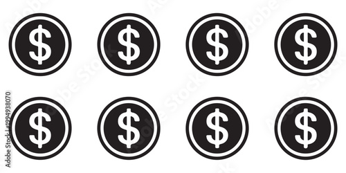 Financial Dollar Currency Symbol Icons in Black and White on White Background