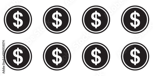 Collection of Black and White Dollar Sign Icons on Isolated White Background