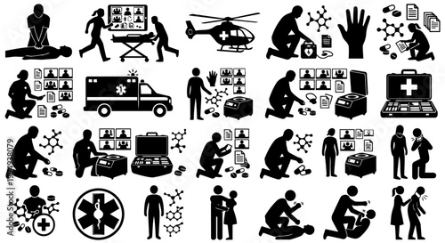 A comprehensive set of emergency medical services and first aid icons, depicting various healthcare situations, rescue operations, and medical treatment procedures.