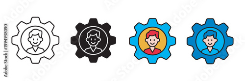 User profile settings icon set, person inside gear account management HR administration technical support symbols vector illustration