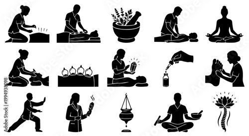 Collection of black silhouette icons depicting various alternative medicine and wellness practices like acupuncture, massage, cupping, yoga, and herbal remedies for holistic health.