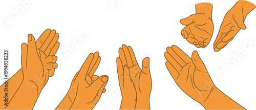 Illustrated depiction of hands clapping vector set featuring various enthusiastic gestures, applause poses, celebration, appreciation, and support symbols in expressive modern illustration style.