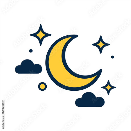Crescent moon with stars and clouds during night sky Vector Illustration Isolated on white background