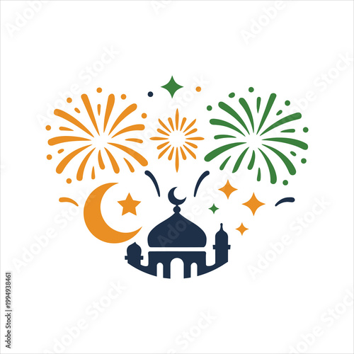 Mosque with crescent moon and fireworks celebrating Islamic festival Vector Illustration Isolated on white background