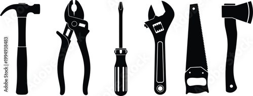 Set of common hand tools including hammer, pliers, screwdriver, wrench, saw, axe