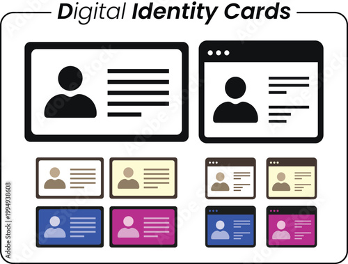 Digital Identity Cards Set: Personal Profile Icons with User Avatars and Information Fields for Online Verification and Security Systems