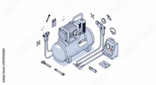 Isometric Air Compressor and Pneumatic Tools Illustration for Industrial and Workshop Equipment