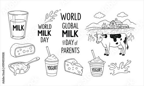 World milk day celebration with farm and dairy products illustrations, nutrition