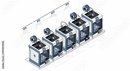 Isometric Illustration of a Row of Professional 3D Printers in a High-Tech Manufacturing Facility or Printing Farm for Additive Production and Rapid Prototyping