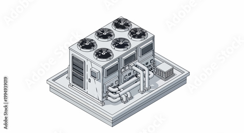 Industrial HVAC Cooling System Isometric Illustration. Large Chiller Unit with Fans and Pipes for Building Ventilation and Refrigeration Schematic Drawing.