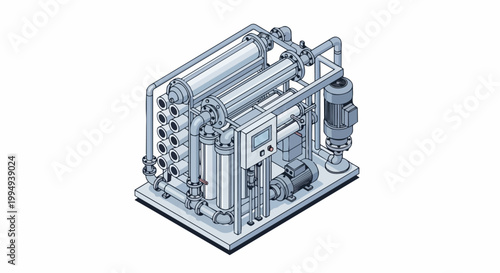 Isometric Industrial Water Treatment and Reverse Osmosis Filtration System Illustration