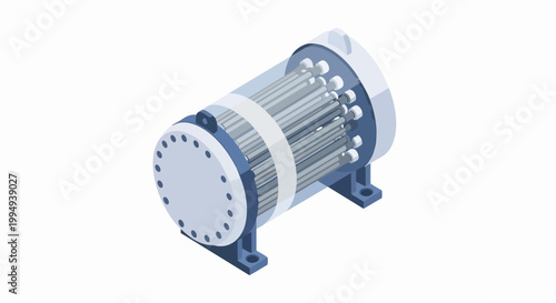 Isometric Industrial Heat Exchanger Vector Illustration, Shell and Tube Cooling System for Engineering and Energy Sector