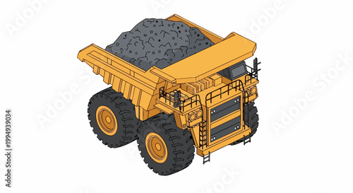 Isometric Heavy-Duty Mining Dump Truck Loaded with Coal Ore on White Background