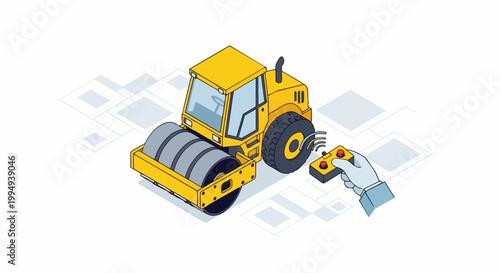 Isometric Illustration of Remote Controlled Yellow Road Roller Compactor for Automated Construction Technology