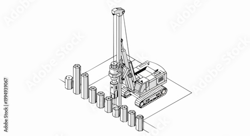 Isometric Line Drawing of Heavy Rotary Drilling Rig and Pile Driver Machine Installing Hexagonal Foundation Columns for Civil Engineering and Construction