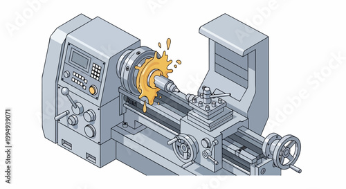 Isometric CNC Lathe Machine Illustration with Cooling Fluid Splash, Industrial Metalworking Tool, Precision Engineering Equipment Isolated on White Background